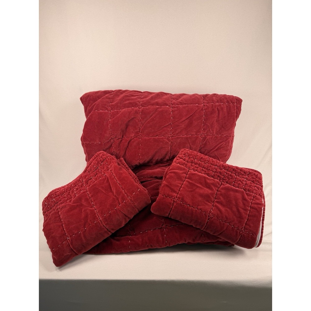 Pottery Barn KING Velvet Handcrafted Box Stitch Quilt and King Sham Pair Merlot